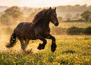 Horse galloping through a field of flowers
