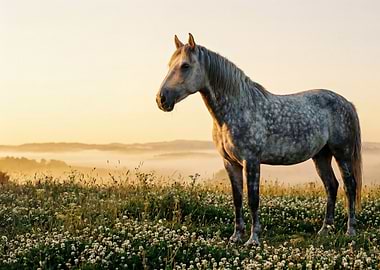 Dappled horse in a misty meadow at sunrise