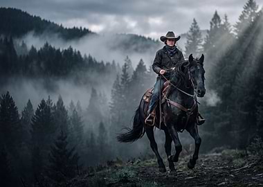Cowgirl riding a black horse in a misty forest