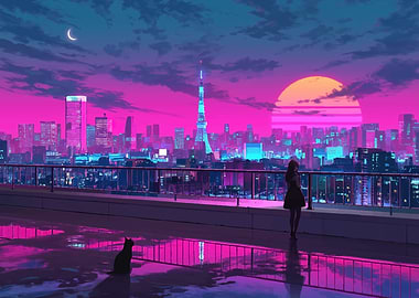 Cyberpunk Cityscape with Girl and Cat