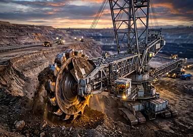 Giant excavator in a coal mine at dusk