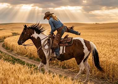 Cowgirl Riding Horse in Wheat Field