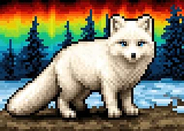 Pixel Art Arctic Fox Under Aurora Borealis