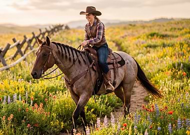 Cowgirl Riding Horse Through Wildflowers