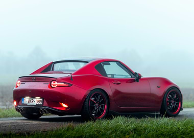 Red Mazda MX-5 RF in Fog