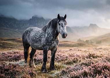 Dappled horse in a heather field