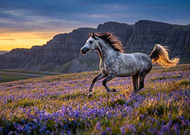 Arabian Horse Running Through Wildflowers