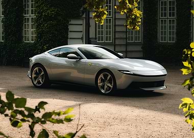 Silver Ferrari Roma parked outdoors