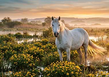 White horse in a field of yellow flowers