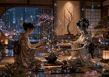 Geisha Robot and Human Arranging Flowers