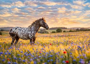 Appaloosa Horse in a Wildflower Field at Sunset
