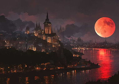 Fantasy Cityscape Under a Blood Moon