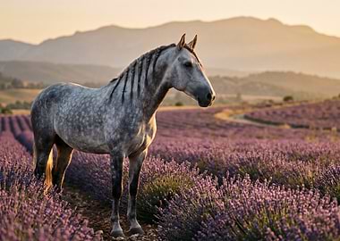 Horse in Lavender Field at Sunset