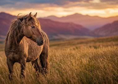 Horse in a field at sunset