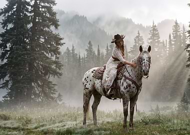 Woman on Horse in Misty Forest