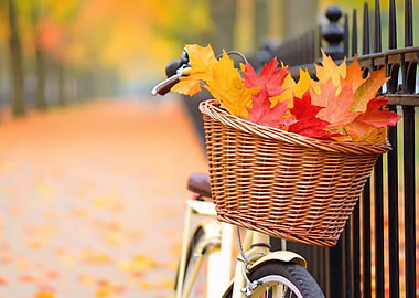 Autumn Bicycle Basket with Leaves