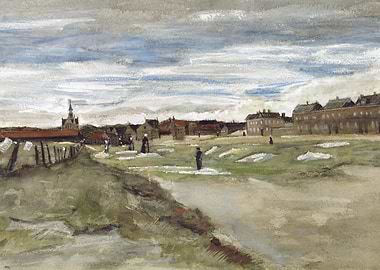 Village scene with laundry and church