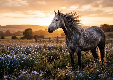 Horse in a field at sunset