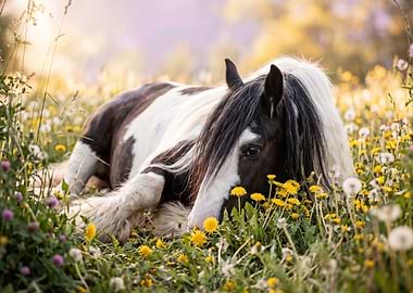 Horse Resting in a Field of Flowers
