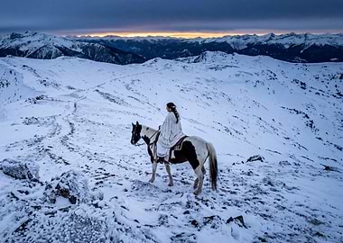 Woman on Horse in Snowy Mountains