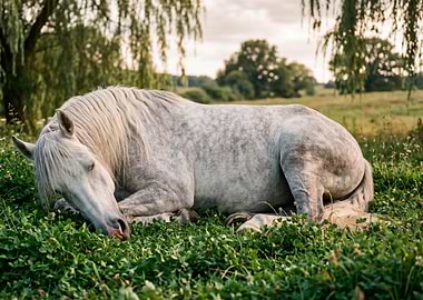 White horse sleeping in a field
