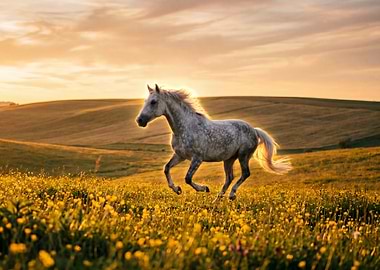 Horse running in a field at sunset