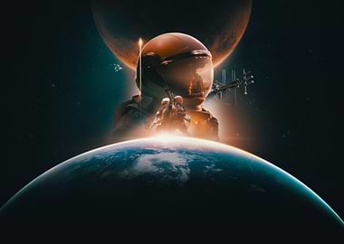 Astronaut in Space with Earth and Planets