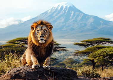 Majestic Lion on Rock with Mountain Background