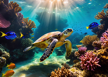 Sea Turtle Swimming in Coral Reef