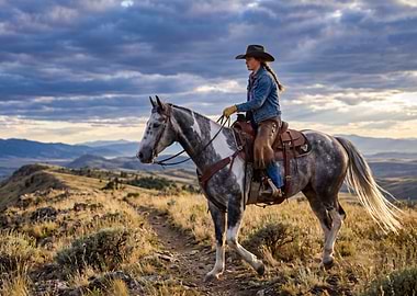 Cowgirl Riding Horse in Mountain Landscape