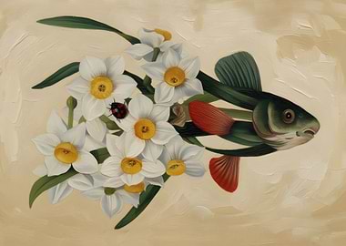 Surreal Fish with Daffodils and Ladybug