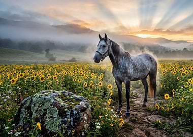 Horse in a Sunflower Field at Sunrise
