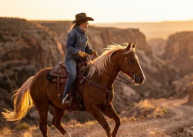 Cowgirl Riding Horse in Canyon