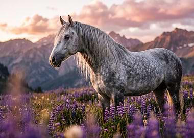 Majestic Horse in a Field of Lupines