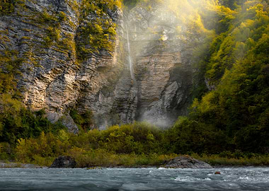 Misty Waterfall in Dolomites
