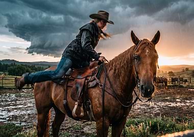 Cowgirl Riding Horse in Stormy Sunset