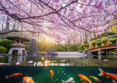 Japanese Garden with Koi Pond and Cherry Blossoms