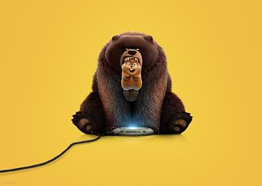 Bear holding a chipmunk with a device