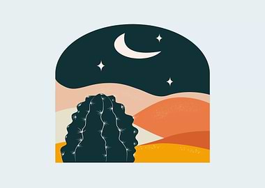 Desert Night Landscape with Cactus