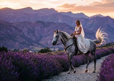 Bride on Horseback in Lavender Field