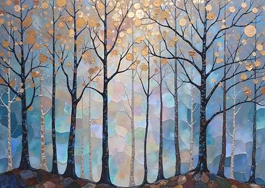 Golden Trees in Misty Forest