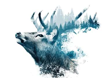 Double Exposure Deer with Forest Antlers