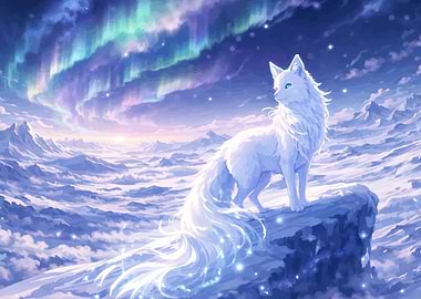 White Fox Under Aurora Borealis