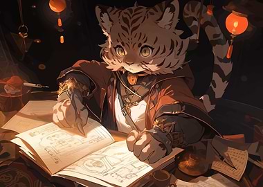 Anthropomorphic Tiger Character Studying