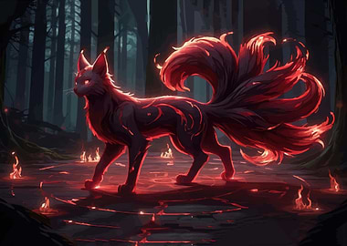 Fiery Nine-Tailed Fox in Forest