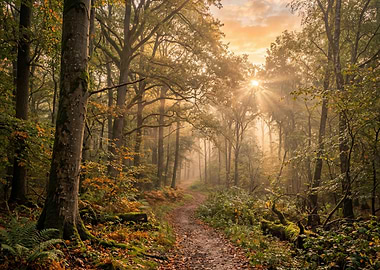 Sunlight through autumn forest path