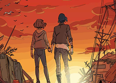 Two girls holding hands at sunset