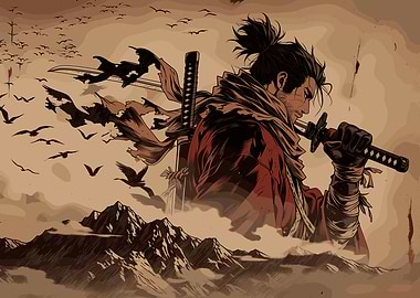 Samurai Warrior with Sword and Birds