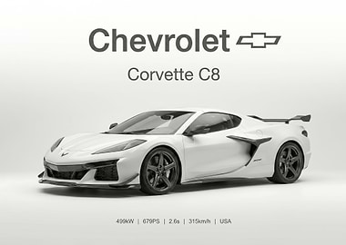 White Chevrolet Corvette C8 sport car poster