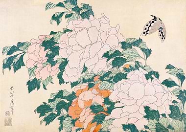 Peonies and Butterfly - Katsushika Hokusai